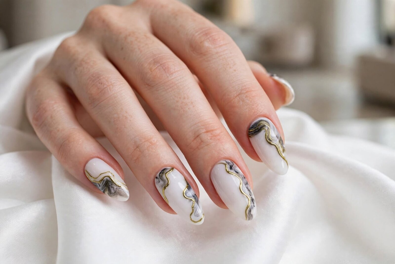 White marble nail design at Cathy Nail House