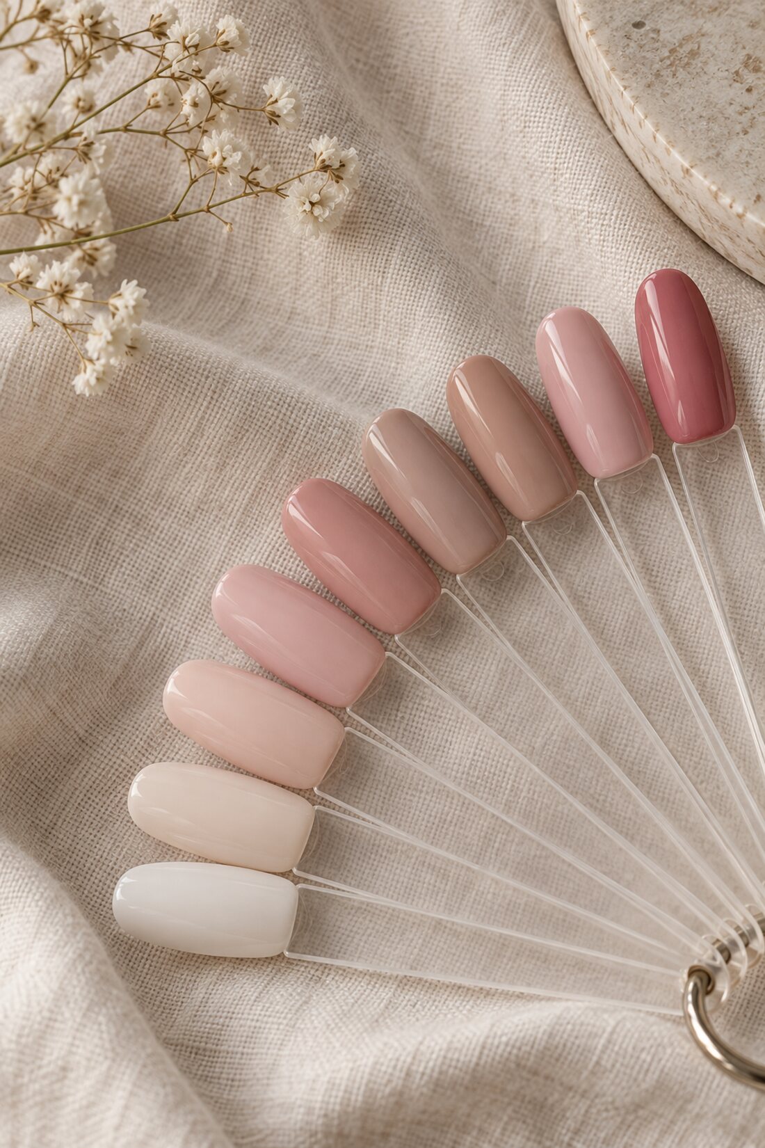 A fan of nail colour swatches on linen at Cathy Nail House